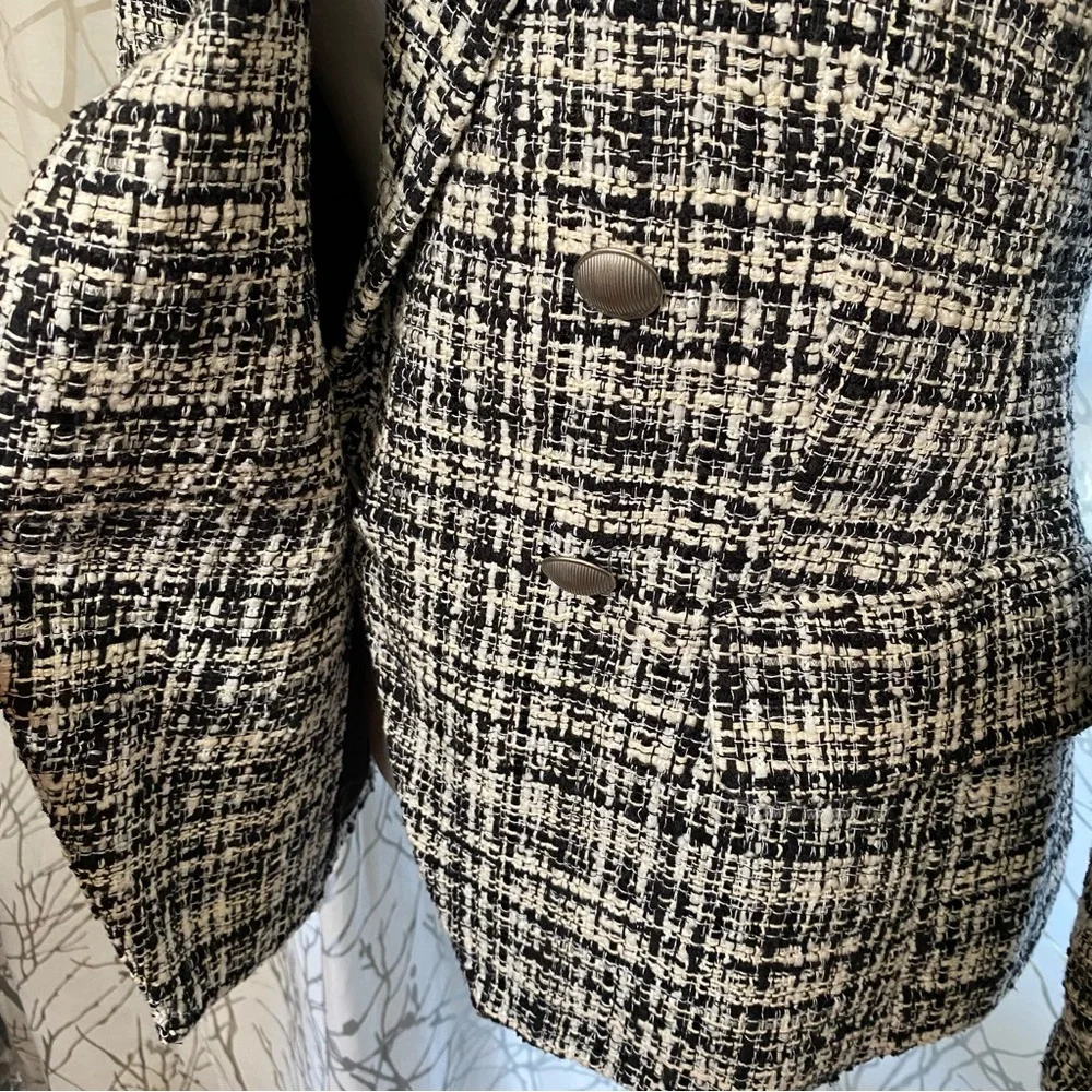 L’AGENCE KENZIE BLACK WHITE TWEED DOUBLE BREASTED BUTTON UP BLAZER JACKET - Picture 5 of 16